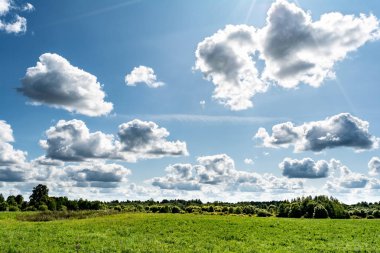 Mavi gökyüzü 'Nde beyaz, kabarık bulutlar. Bulutlardan soyut arka plan.