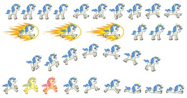 Beyaz tek boynuzlu at oyun Sprites. Yan kaydırma, eylem, macera ve sonsuz runner oyunu.