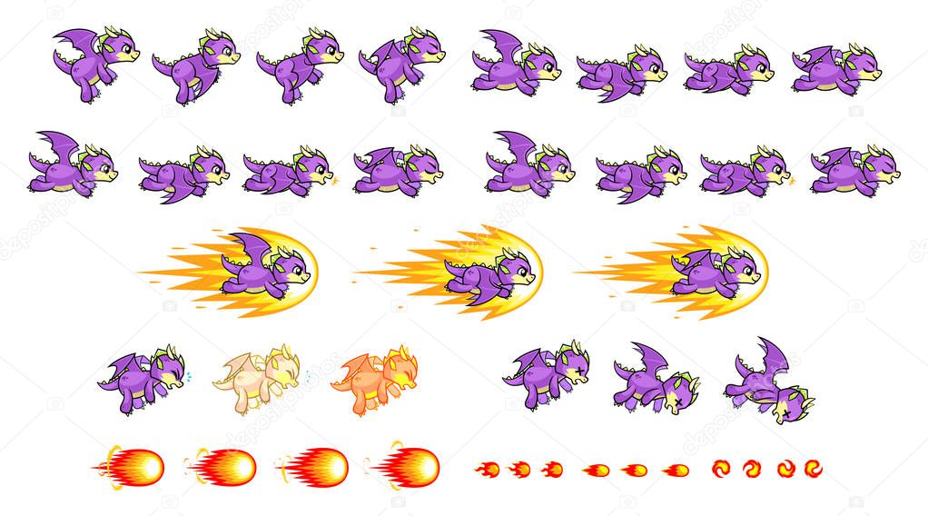 Purple Dragon Game Sprites. Suitable for side scrolling, action, adventure, and endless runner game.