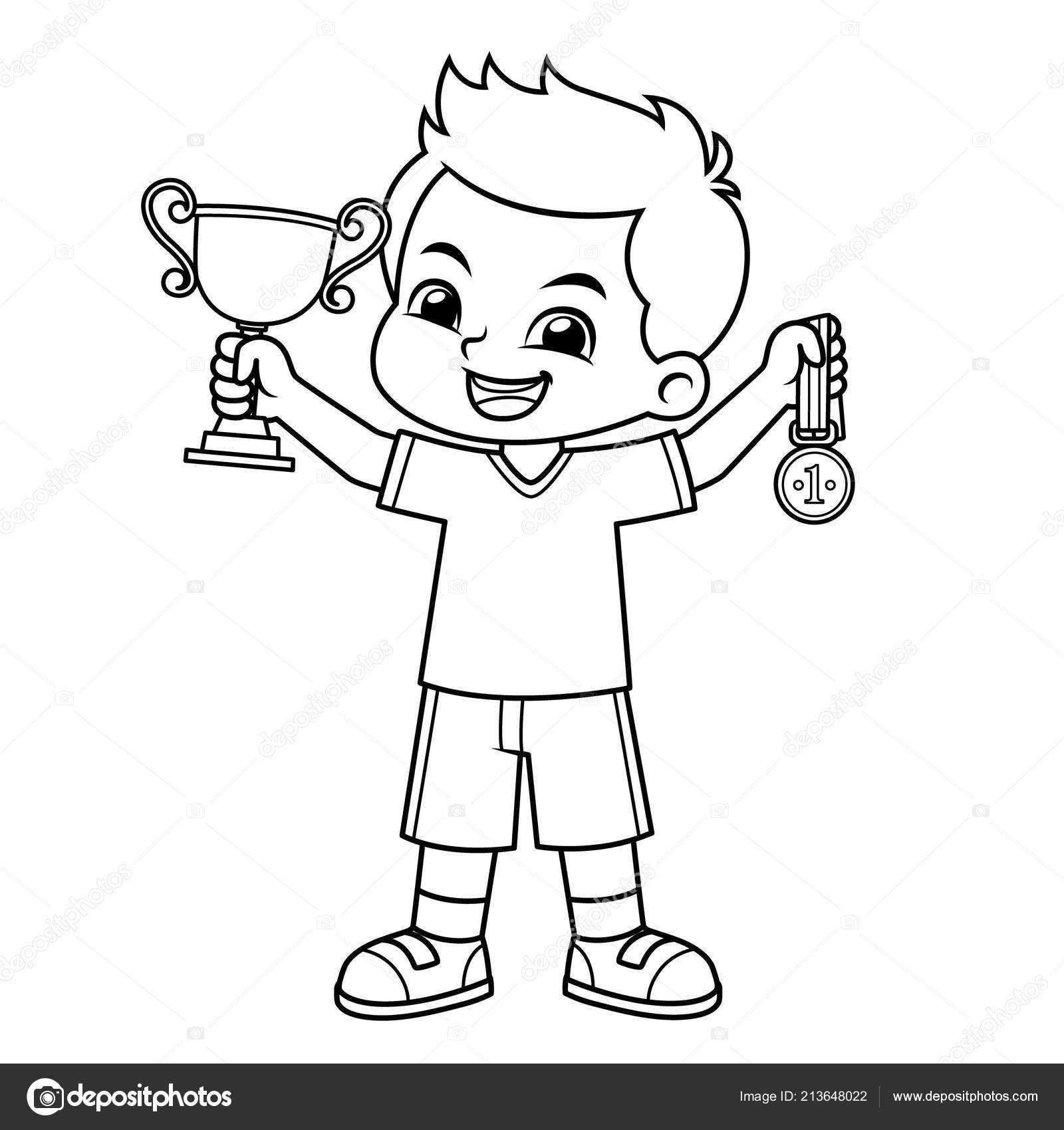 Boy Win Contest Earn Trophy Medal Stock Vector Image by ©mikailain  #213648022