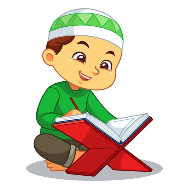 Müslüman çocuk okuyan Al-Allah'ın mutlu yüz.