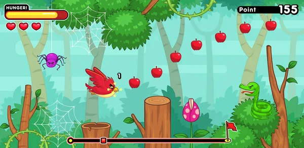 タッピング中毒横スクロール ゲーム 画面の空腹の鳥ゲーム アセット — ストックベクタ