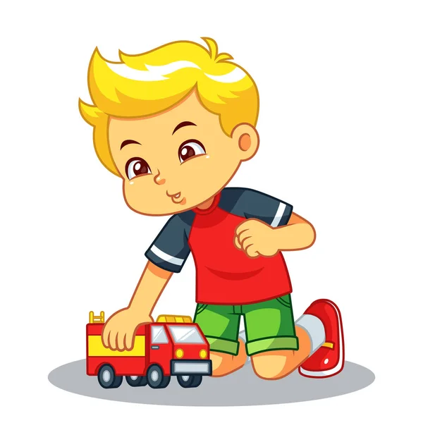彼のトラックのおもちゃで遊ぶ少年 — ストックベクタ