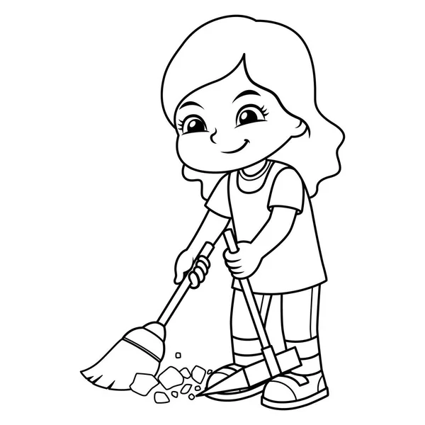 女孩清理垃圾与扫帚和灰尘平底锅生物武器 — 图库矢量图片