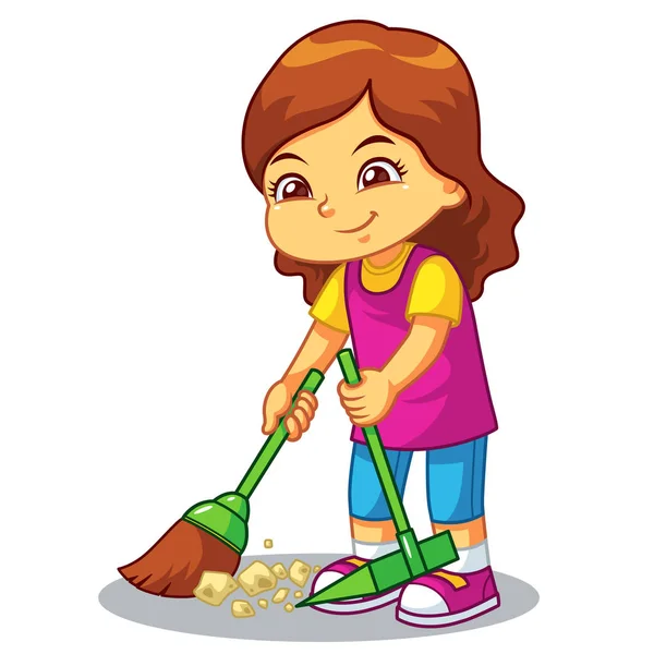 女孩清理垃圾与扫帚和灰尘平底锅 — 图库矢量图片
