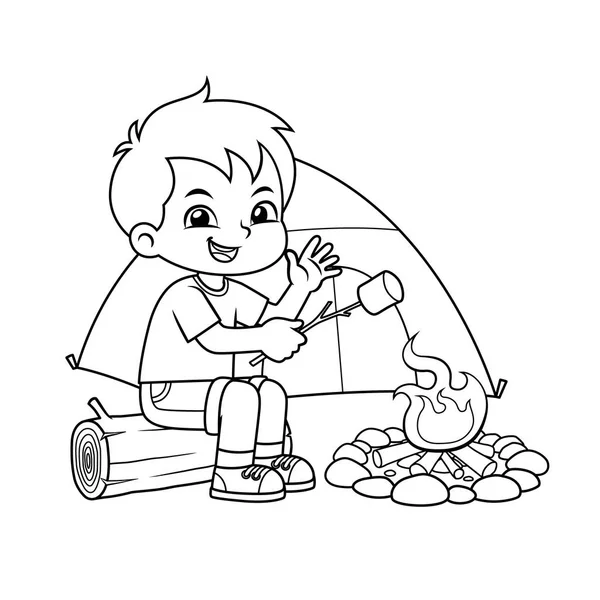 少年はキャンプファイヤーを作るマシュマロ を焼く — ストックベクタ