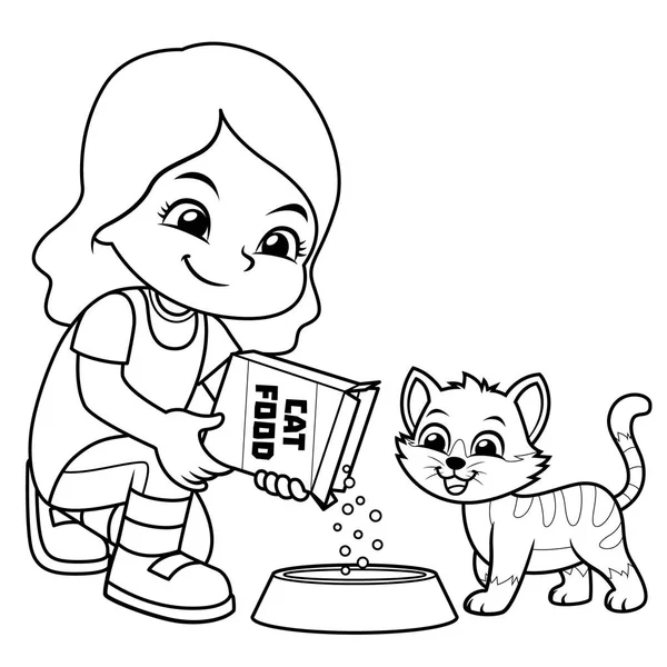 Ragazza Che Alimenta Suo Gatto Domestico Illustrazione Stock