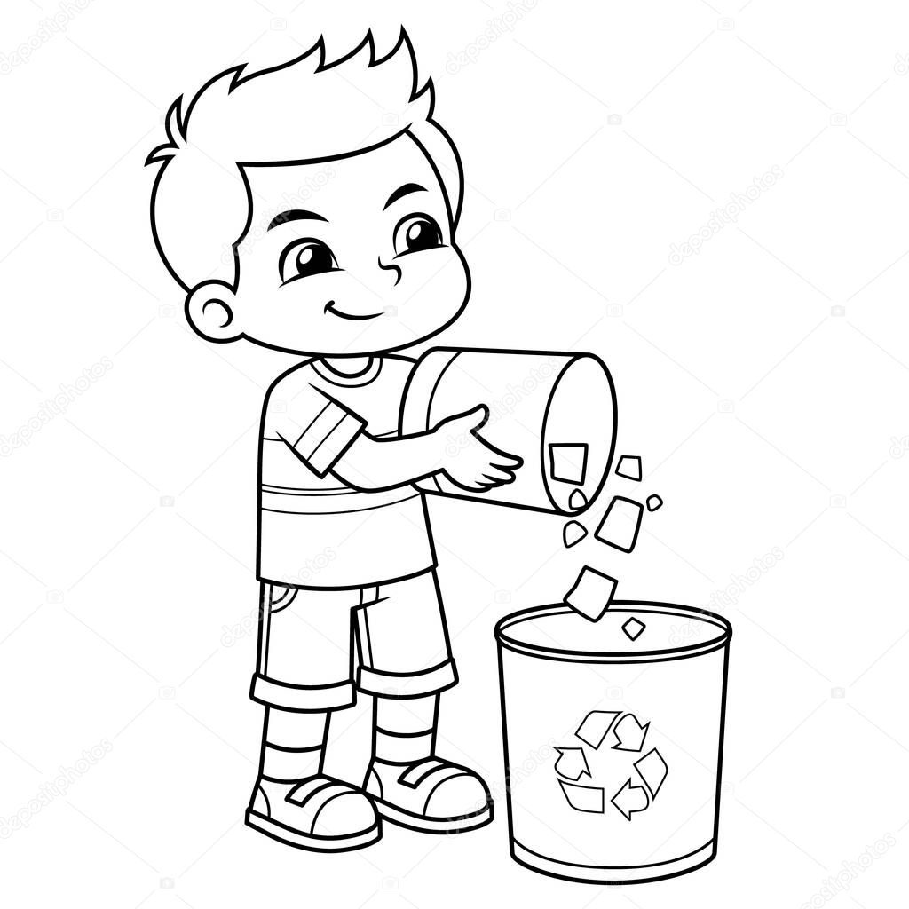 Boy Throwing Garbage In The Trash Can BW.