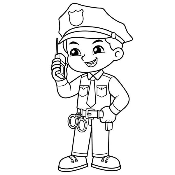 Oficial Policía Chico Comprobación Información Con Walky Talky — Vector de stock