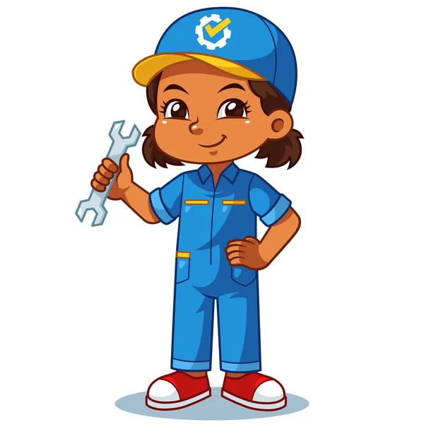 Mechanic Girl Holding Wrench Ready Fixing — стоковый вектор