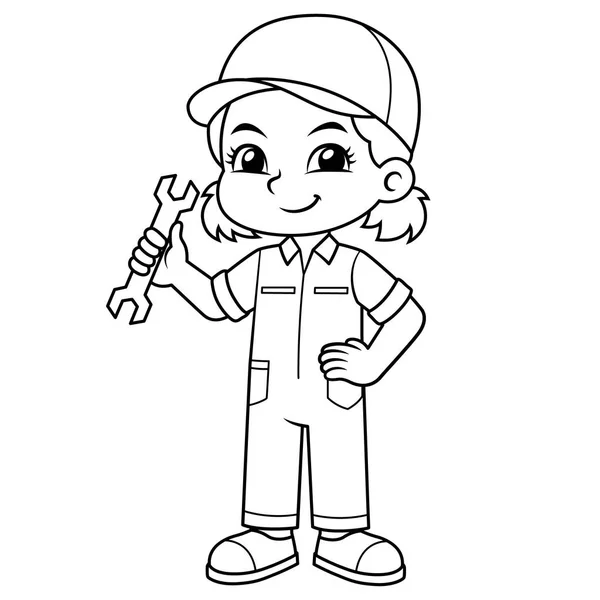 Mechanic Girl Holding Wrench Ready Fixing — стоковый вектор