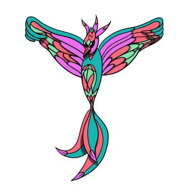 Parlak tüylü renkli çizgi film kuşu.