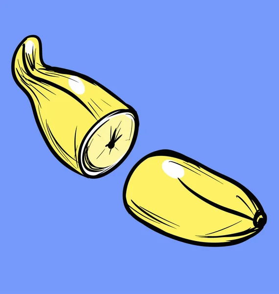Grunge banaan gesneden in twee plakken cartoon tekening — Stockvector