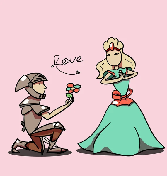 Vektör karikatür şövalyesi prensese çiçek veriyor. — Stok Vektör