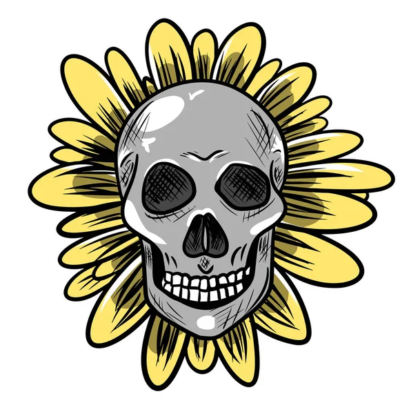 Vector cartoon menselijke schedel met mooie bloem — Stockvector