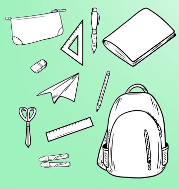okul malzemelerinin vektör karikatür hatları 