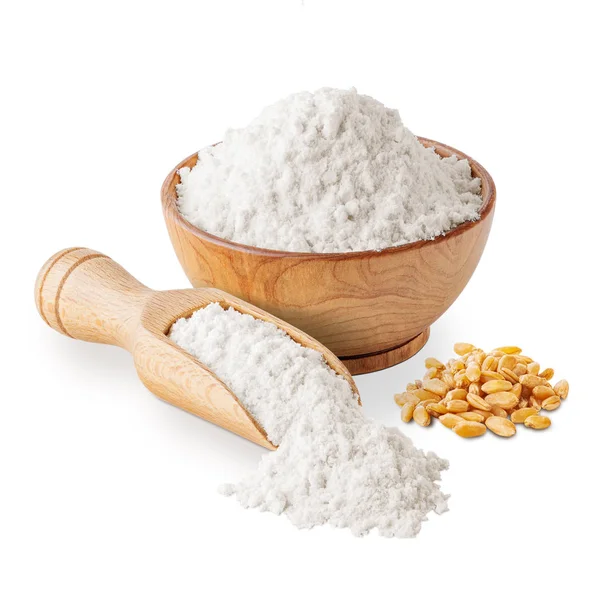 Tigela de farinha de trigo branca e sementes isoladas — Fotografia de Stock