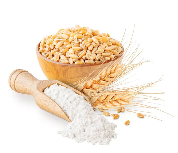 Buğday unu tahıl ve kulakları üzerine beyaz izole — Stok fotoğraf