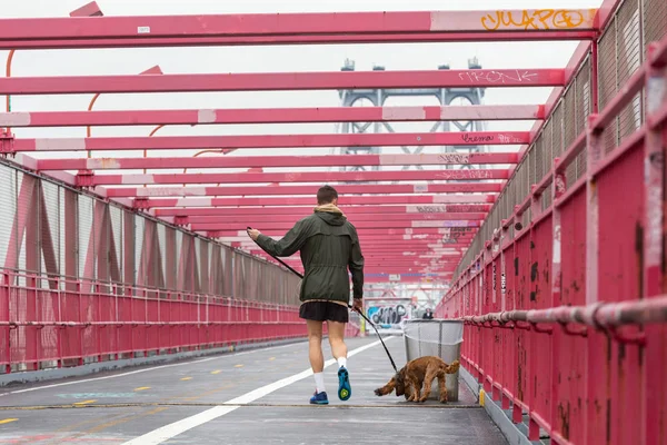 Oigenkännlig sportig rekreationsmöjligheter manliga joggare med sin hund i koppel vid Williamsburg bridgein New York City, Usa — Stockfoto