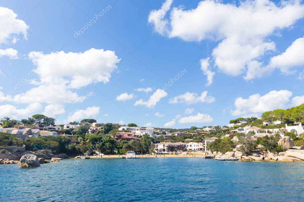 View on the beautiful village of Port Rafael from the sea, Sardinia, Italy.