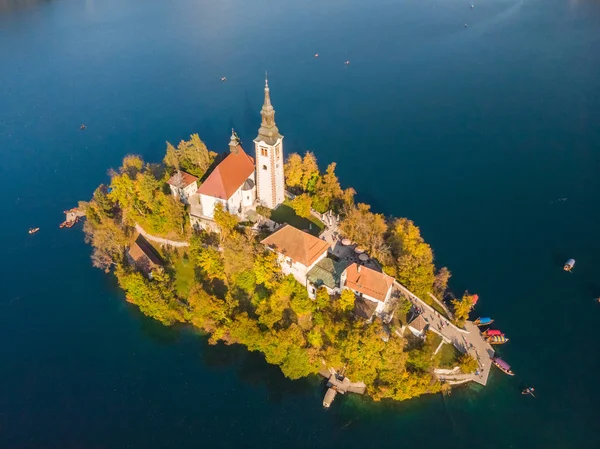 Aerial view of Bled island on lake Bled, and Bled castle and mountains in background, Slovenia. — Stock Photo, Image