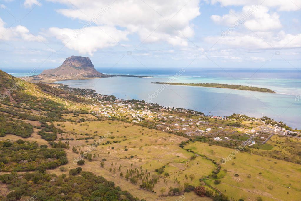 Aerial view of La Gaulette, popular kitesurfing tourist town with Le Morne Brabant mountain, the World Heritage UNESCO site seen in the back.