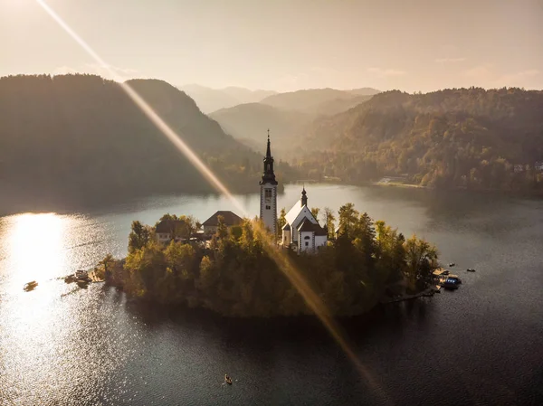 Aerial view of island of lake Bled, Slovenia. — Stock Photo, Image