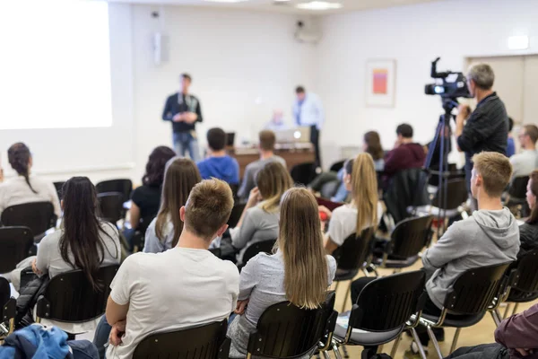 Media interview and round table discussion at popular scientific conference. — Stock Photo, Image