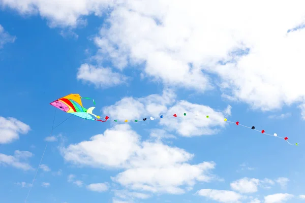 Färgglada kite på en blå himmel med vita moln — Stockfoto