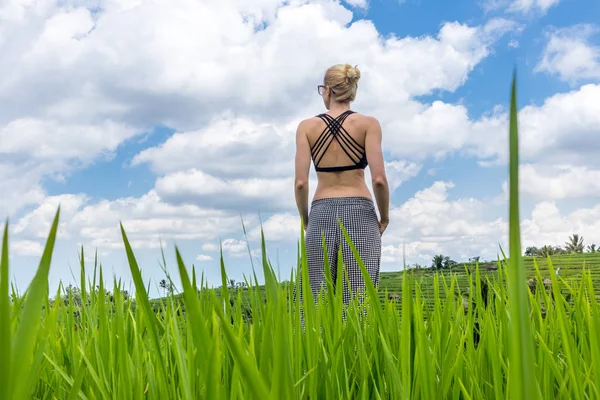 Relaxed healthy sporty woman, arms rised to the sky, enjoying pure nature at beautiful green rice fields on Bali. — Stock Photo, Image