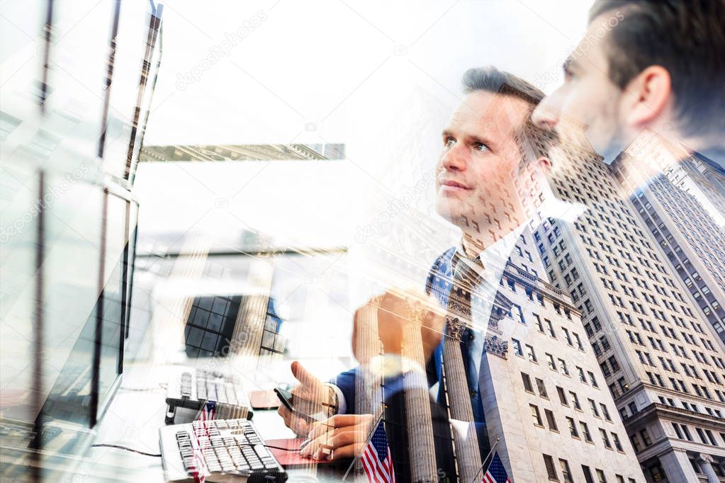 Corporate business, finance, stock market and economic prosperity conceptul collage. Wall street broker and wealth manager against new york stock exchange