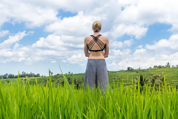 Laza alkalmi sportos nő élvezi a tiszta természet gyönyörű zöld rizsföldek Bali. — Stock Fotó