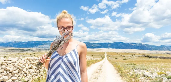 Mulher em vestido de verão segurando e cheirando buquê de flores de lavanda enquanto caminhava ao ar livre através de seco rochoso Mediterrâneo croata costa lanscape na ilha Pag no verão — Fotografia de Stock