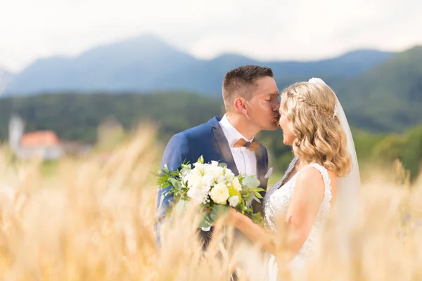 Novio abrazando a la novia tiernamente y la besa en la frente en el campo de trigo en algún lugar en el campo esloveno. —  Fotos de Stock