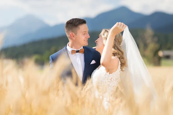 Bräutigam umarmt Braut zärtlich, während der Wind ihren Schleier im Weizenfeld irgendwo in der slowenischen Landschaft weht. — Stockfoto