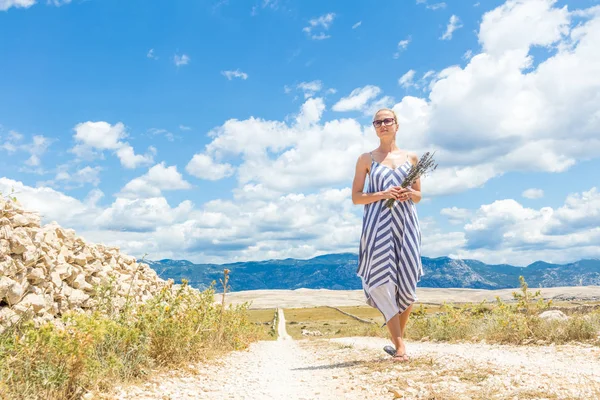 夏のパグ島の乾燥した岩の地中海クロアチアの海岸のランスケープを屋外で歩きながら、ラベンダーの花の花束を保持する夏のドレスを着た白人の若い女性 — ストック写真