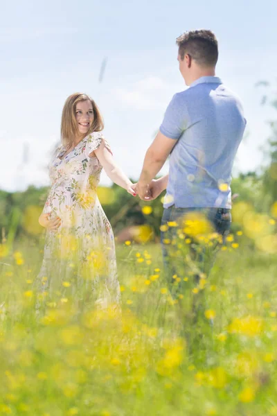 若い幸せな妊娠中のカップルで手を取り合って草原でリラックス. — ストック写真