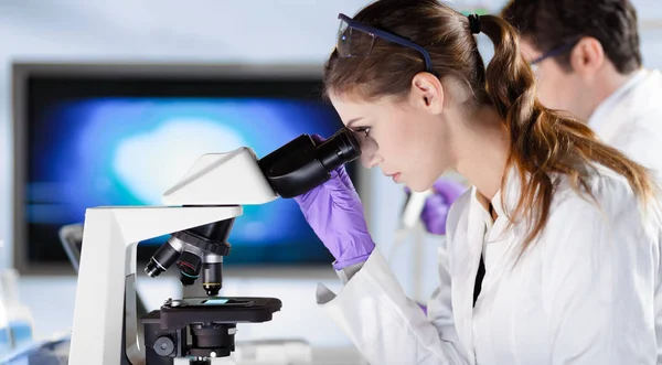 Jovens pesquisadores pesquisando em laboratório de ciências da vida. — Fotografia de Stock