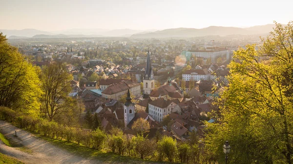 Vista panorámica de Liubliana, capital de Eslovenia. Roooftops de Liublianas antiguo centro medieval visto desde el parque del castillo de Liublianas al atardecer — Foto de Stock