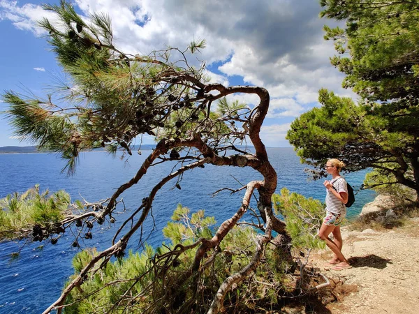 Joven turista activo con una pequeña mochila caminando por el sendero costero entre pinos que buscan una cala remota para nadar solo en paz en la costa de Croacia. Concepto de viaje y aventura — Foto de Stock