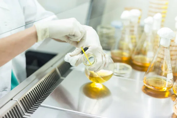 Cientista do sexo feminino que trabalha com bactérias em fluxo laminar no laboratório de pesquisa de desenvolvimento de vacinas contra o vírus da corona. — Fotografia de Stock