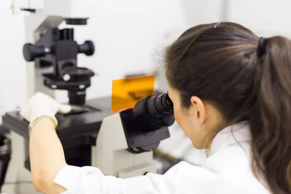 Élettudományi kutató mikroszkópos vizsgálata genetikai tudományos laboratóriumban. — Stock Fotó