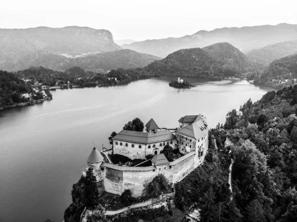 Letecký pohled na hrad Bled s výhledem na jezero Bled ve Slovinsku, Evropa — Stock fotografie