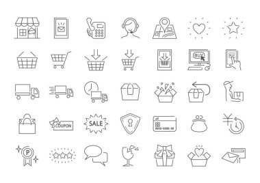 Simgeler alışveriş ayarla. E-ticaret ve online mağaza konsepti. Vektör çizim