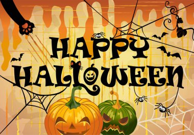 Mutlu Cadılar Bayramı arka plan spiderweb, kabak ve tırmalamak işaretleri ile. Vektör çizim