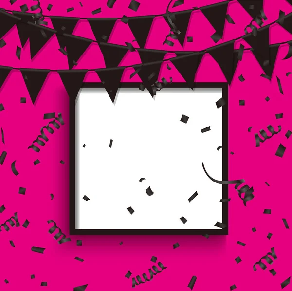 Чорний Партійний Прапор Конфетті Рожевому Фоні Плакатом Рамки Векторні Ілюстрації — стоковий вектор