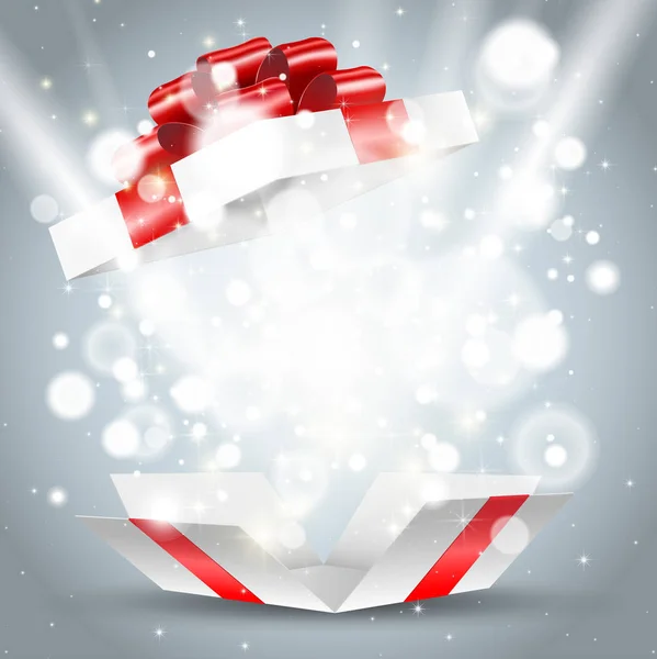 Geöffnete Weiße Geschenkbox Mit Roter Schleife Und Lichtern — Stockvektor