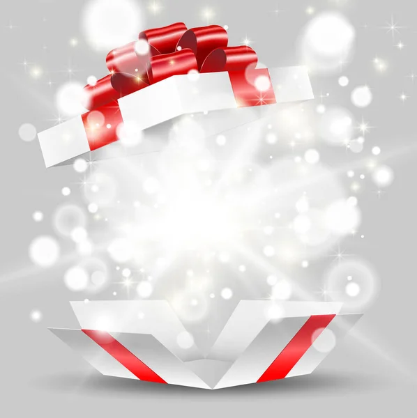 Caja Regalo Blanca Abierta Con Lazo Rojo Luces — Vector de stock