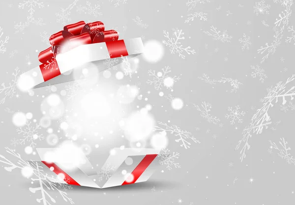 Άνοιξε Λευκό Δώρο Κουτί Κόκκινο Τόξο Και Φώτα Νιφάδα Χιονιού — Διανυσματικό Αρχείο