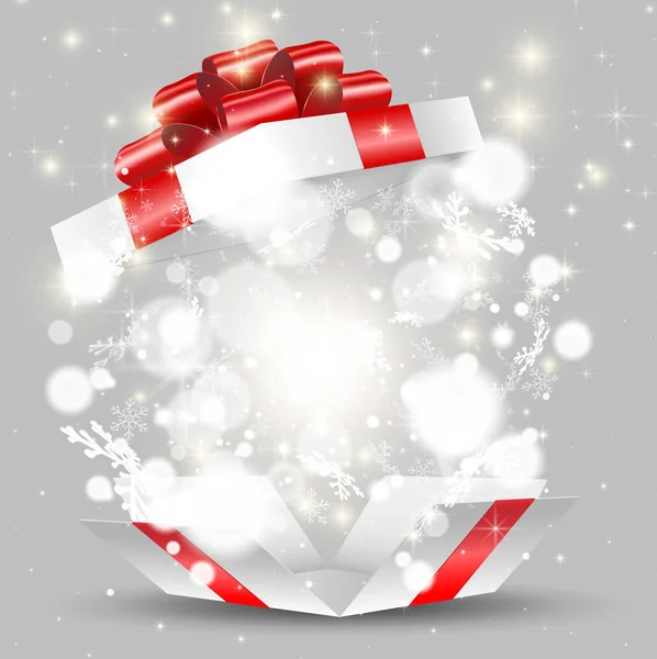 Witte Geschenkdoos Geopend Met Sneeuwvlokken Verlichting — Stockvector